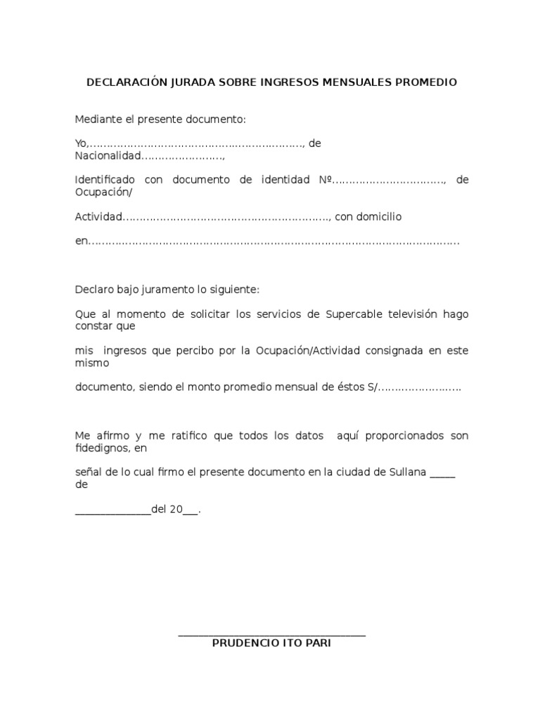Declaración Jurada de Ingresos Mensuales | PDF | Gobierno y ...