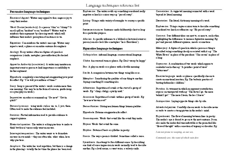 Language Techniques Reference | PDF | Metaphor | Irony