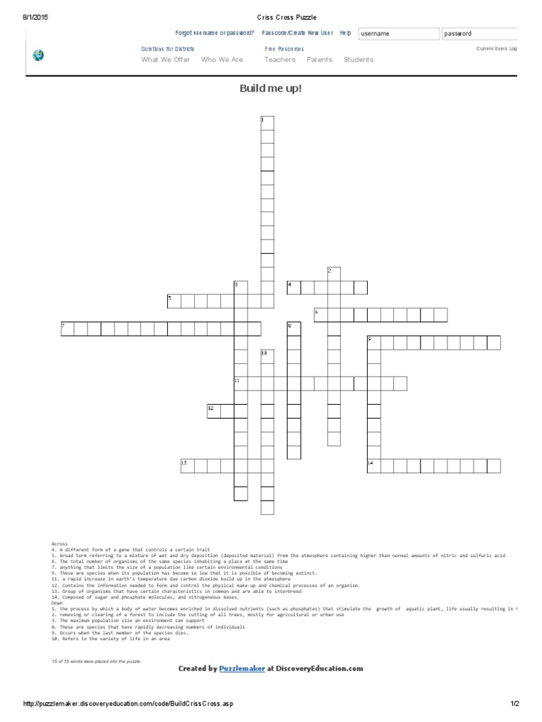 Criss Cross Puzzle | Organisms | Curriculum