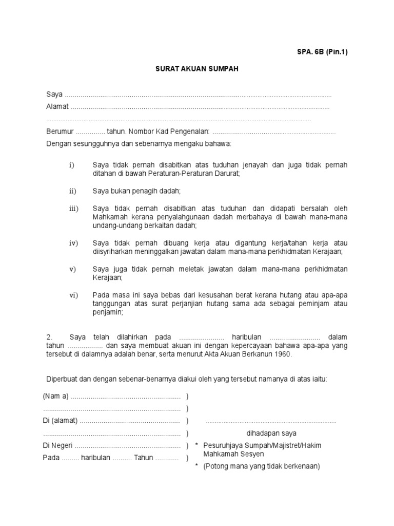 Contoh Surat Akauan Sumpah Statutori Siap Kerja