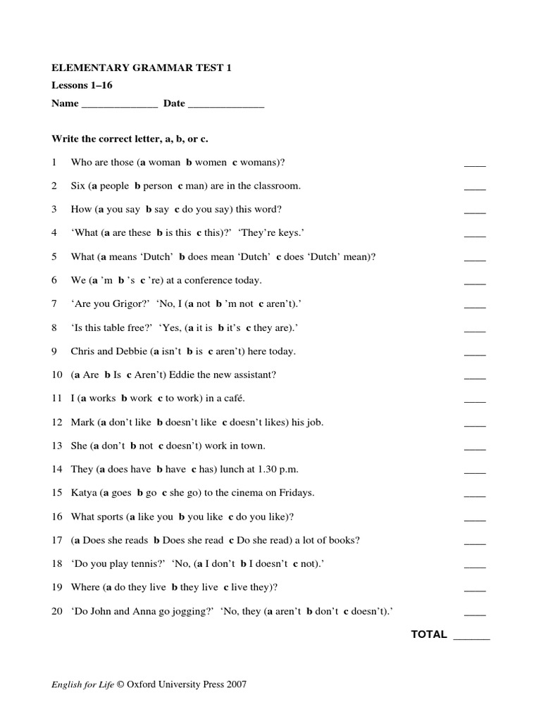 Efl 01 Aa Grammar Test 1 | PDF