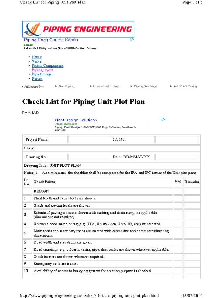 Check List for Piping Unit Pl Technical Drawing Pipe (Fluid Conveyance) Free 30day Trial