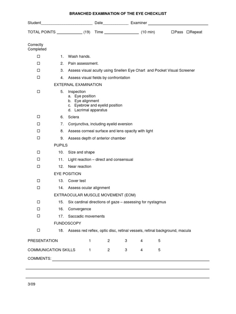 Branched Examination of The Eye Checklist | PDF | Science & Mathematics