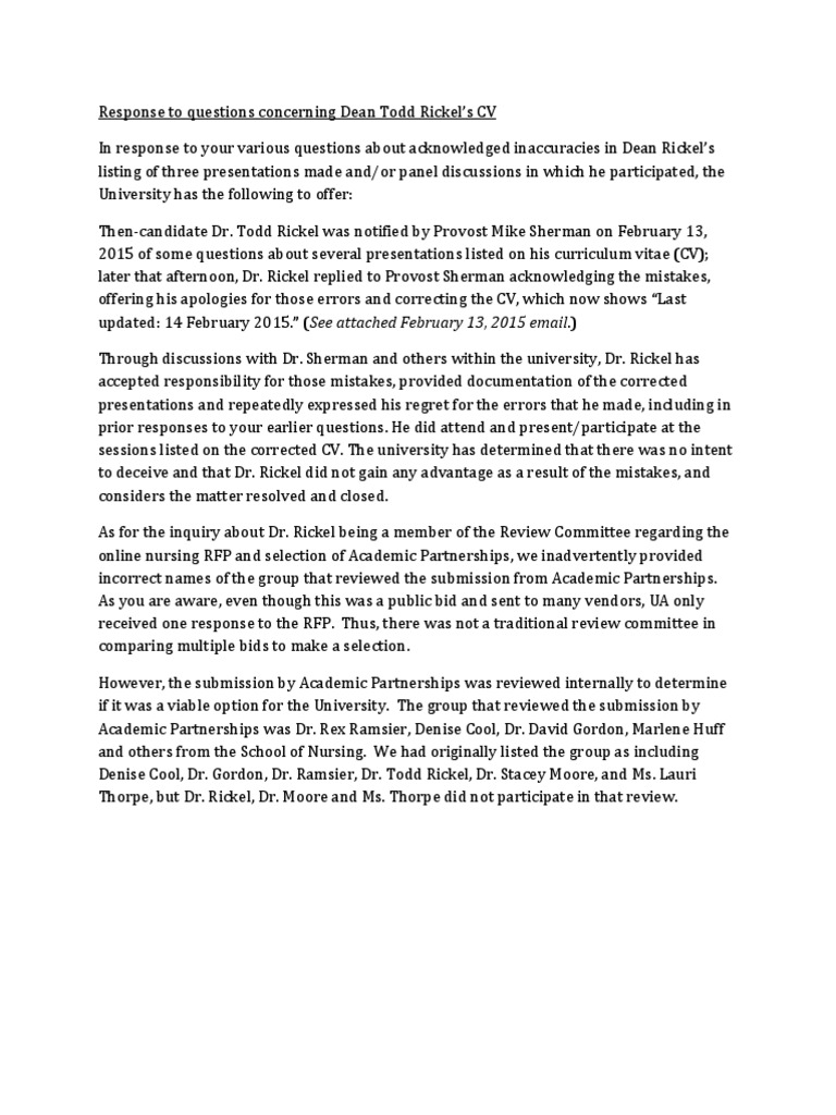 UA's Response To Questions Concerning Dean Rickel's CV | PDF