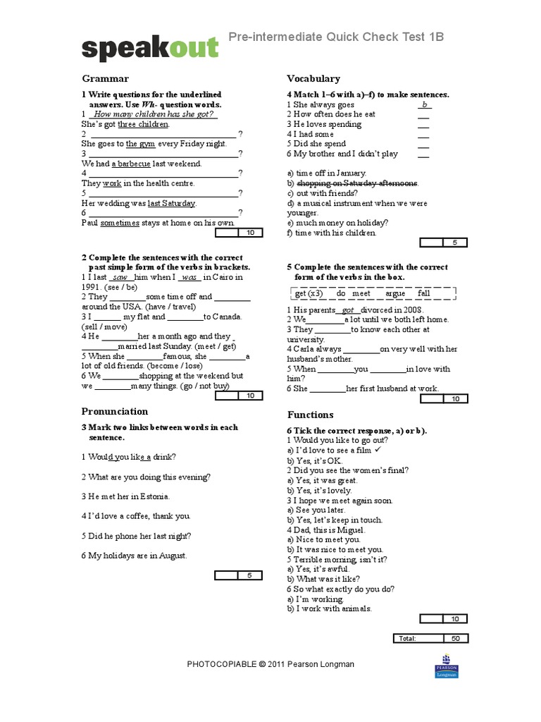 Speakout Upper Intermediate Quick Check Test