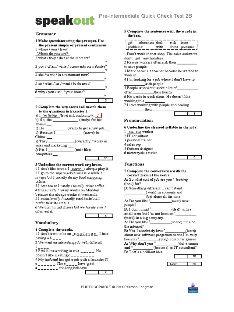 Speakout Upper Intermediate Quick Check Test