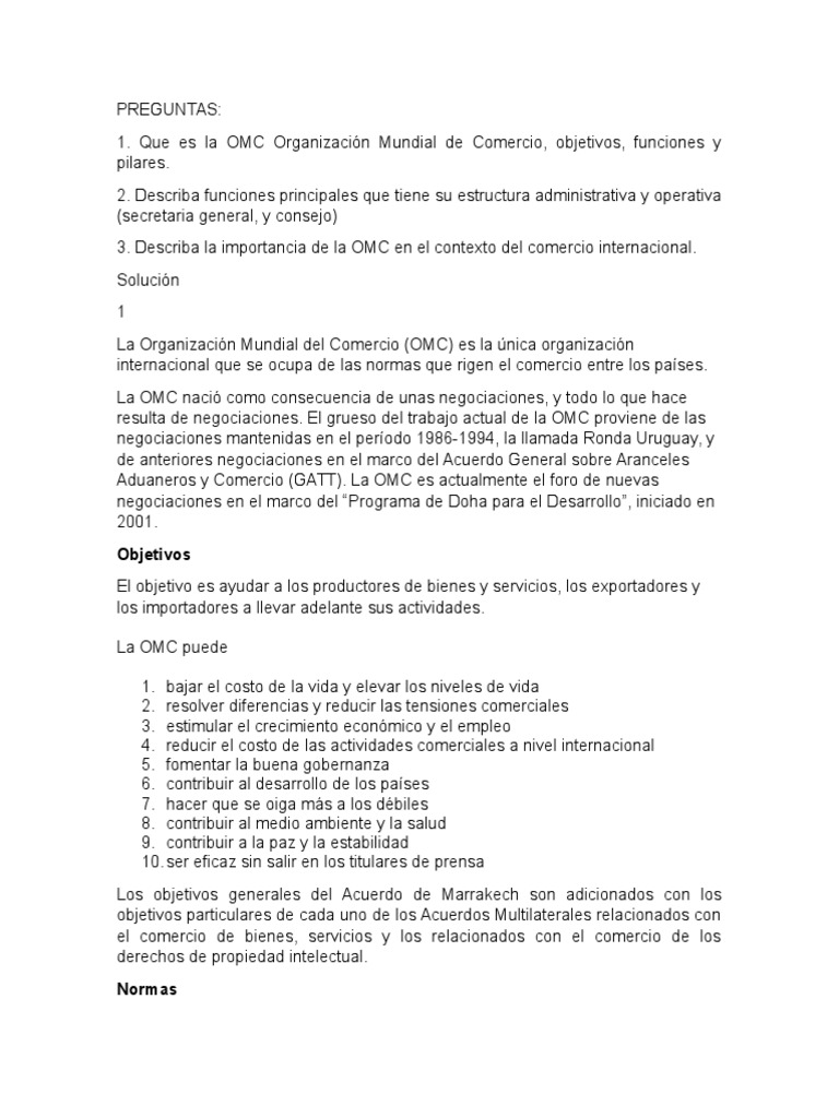 Importancia y funciones de la OMC | PDF | Organización de Comercio ...