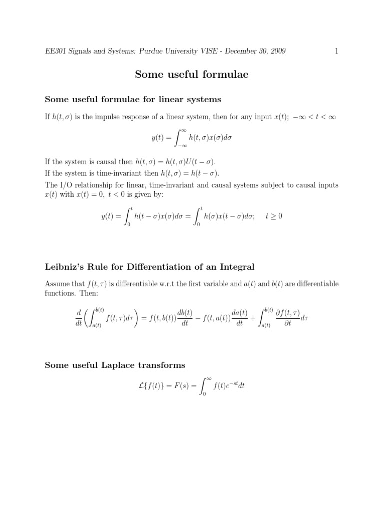 Useful Formulae for Linear Systems | PDF | Teaching Methods & Materials