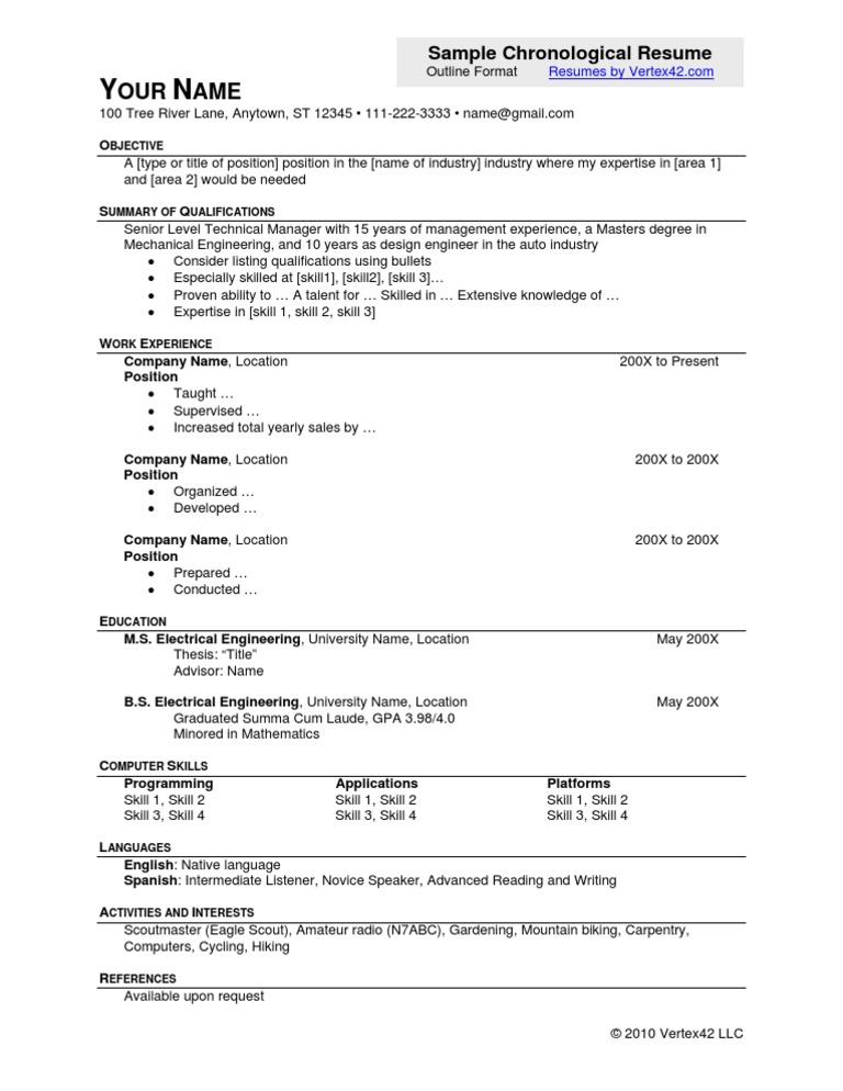 Sample Chronological Resume Outline Format