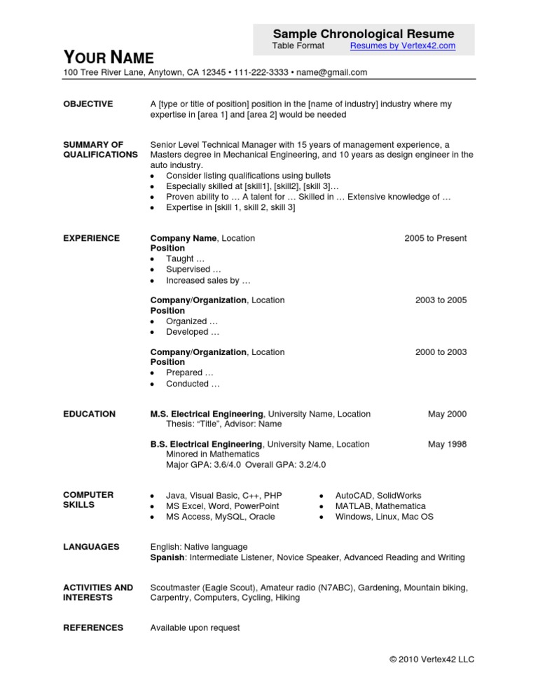 Sample Chronological Resume Table Format Résumé Microsoft