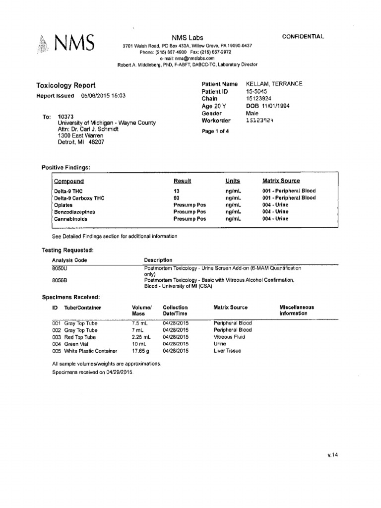 Toxicology Report For Terrence Kellom | PDF