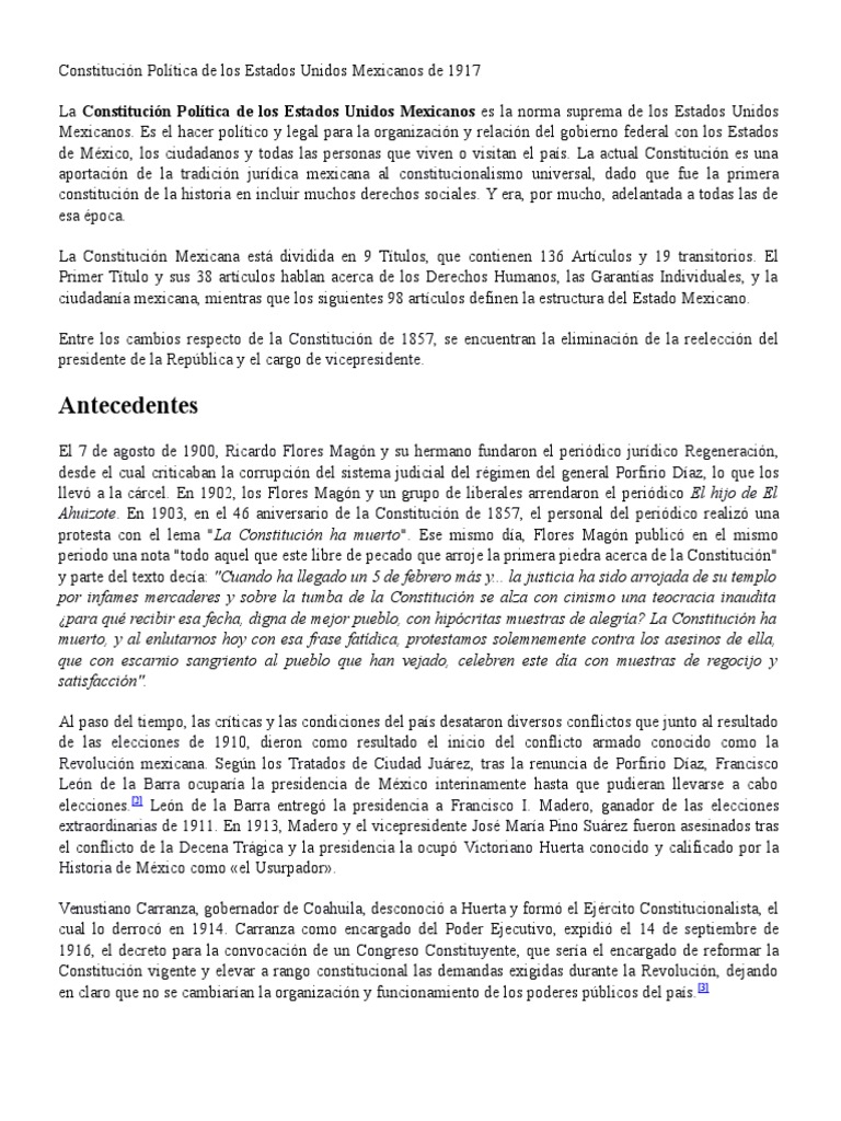 Constitución Política de Los Estados Unidos Mexicanos de 1917 | México ...