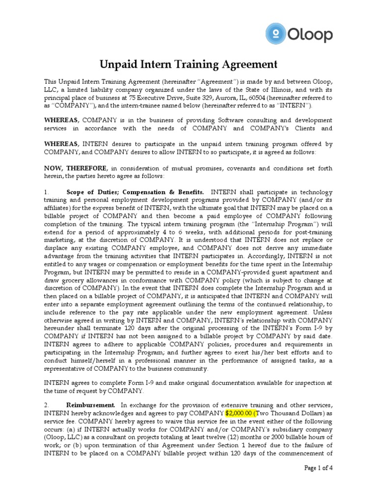 Unpaid Intern Training Agreement PDF Internship Job Hunting