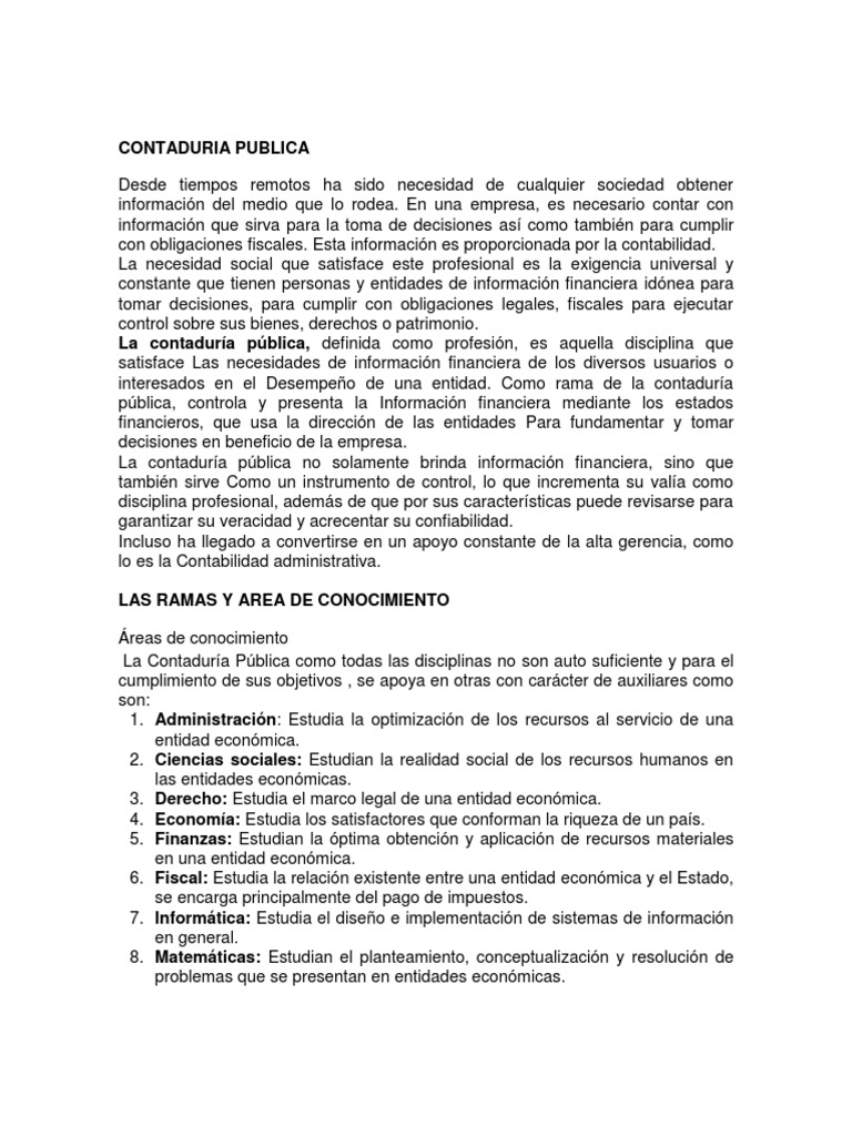 Concepto y Ramas de La Contaduria Publica | Contador | Teneduría de libros