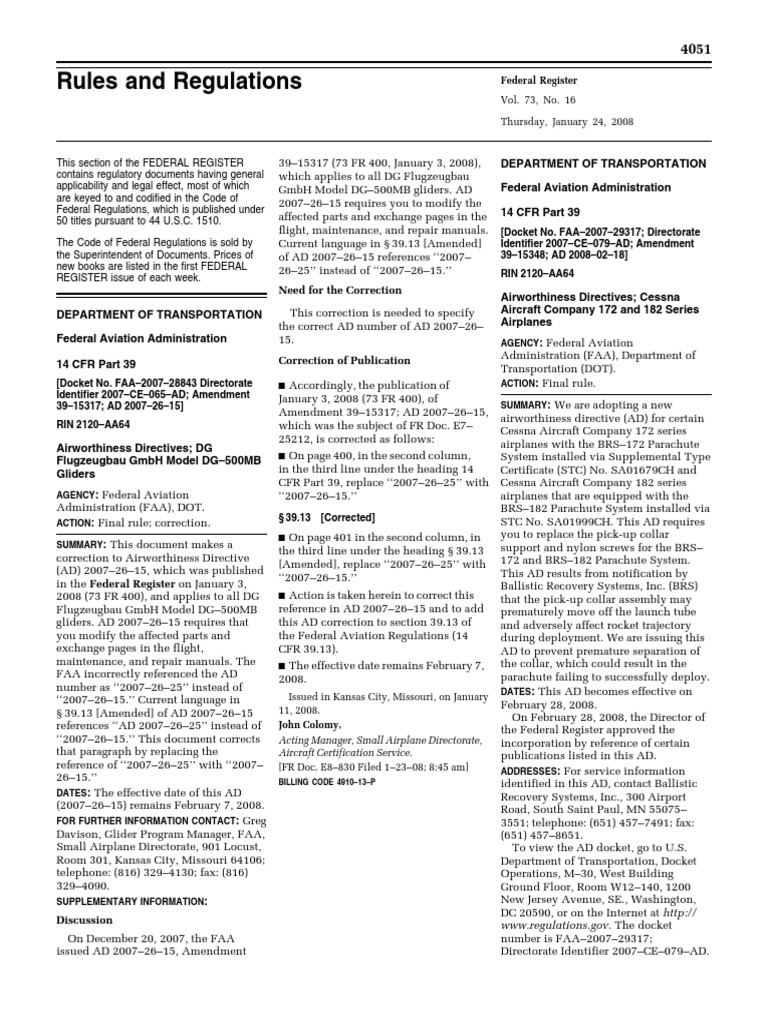 Rule Airworthiness Directives Cessna Aircraft Company 172 and 182