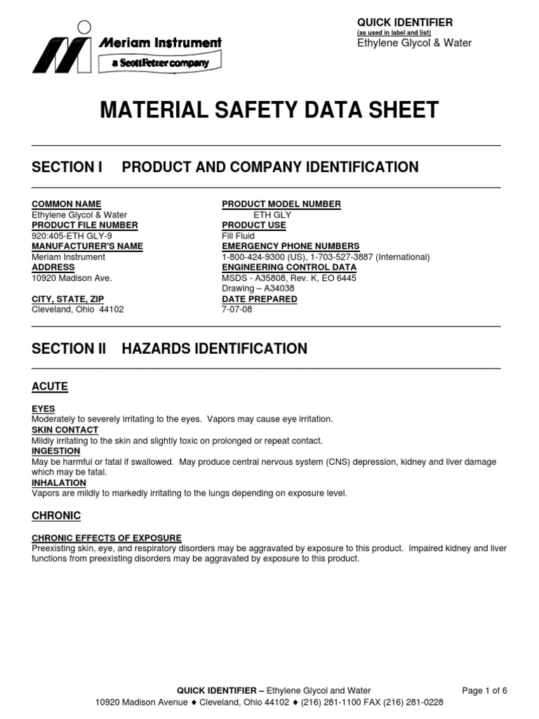 Msds Water Glycol Dangerous Goods Sodium