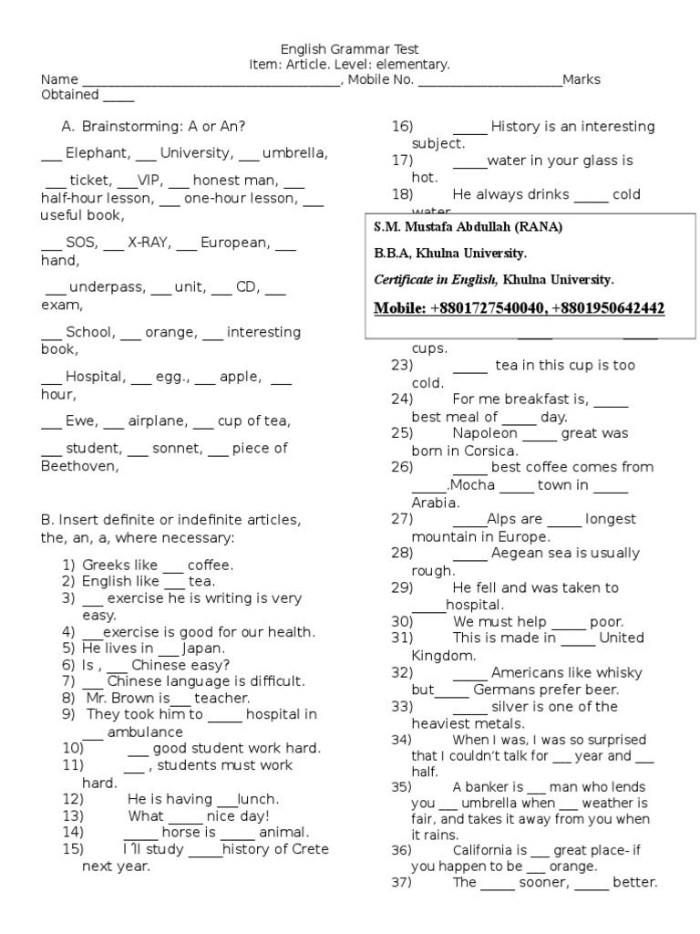 Article Grammar Test 1 | PDF