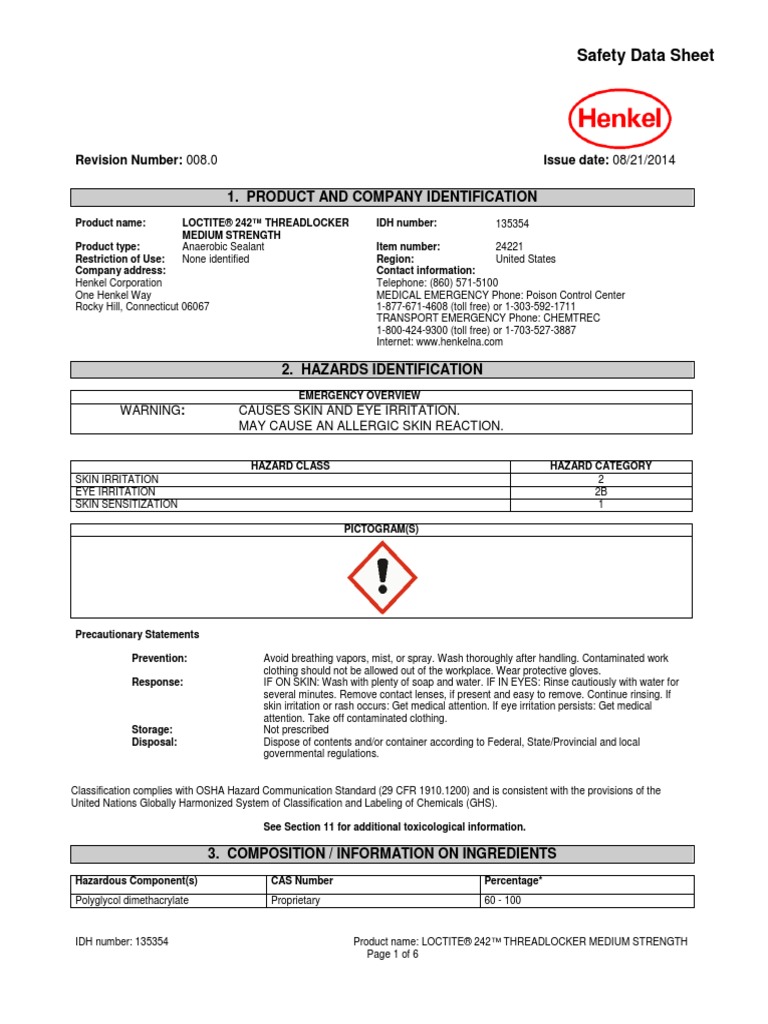 Loctite 242 Threadlocker MSDS PDF Occupational Safety And Health