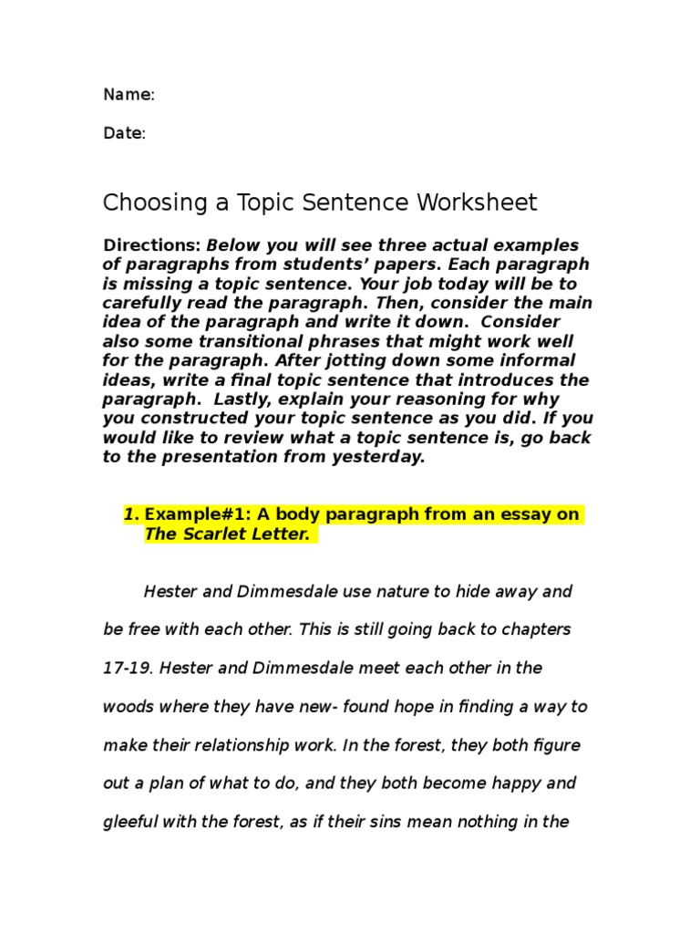 Choosing A Topic Sentence Worksheet: Name: Date | PDF | Paragraph | The ...