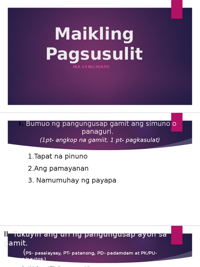 Maikling Pagsusulit 1 (Simuno at Panaguri, Uri NG Pangungusap Ayon Sa ...
