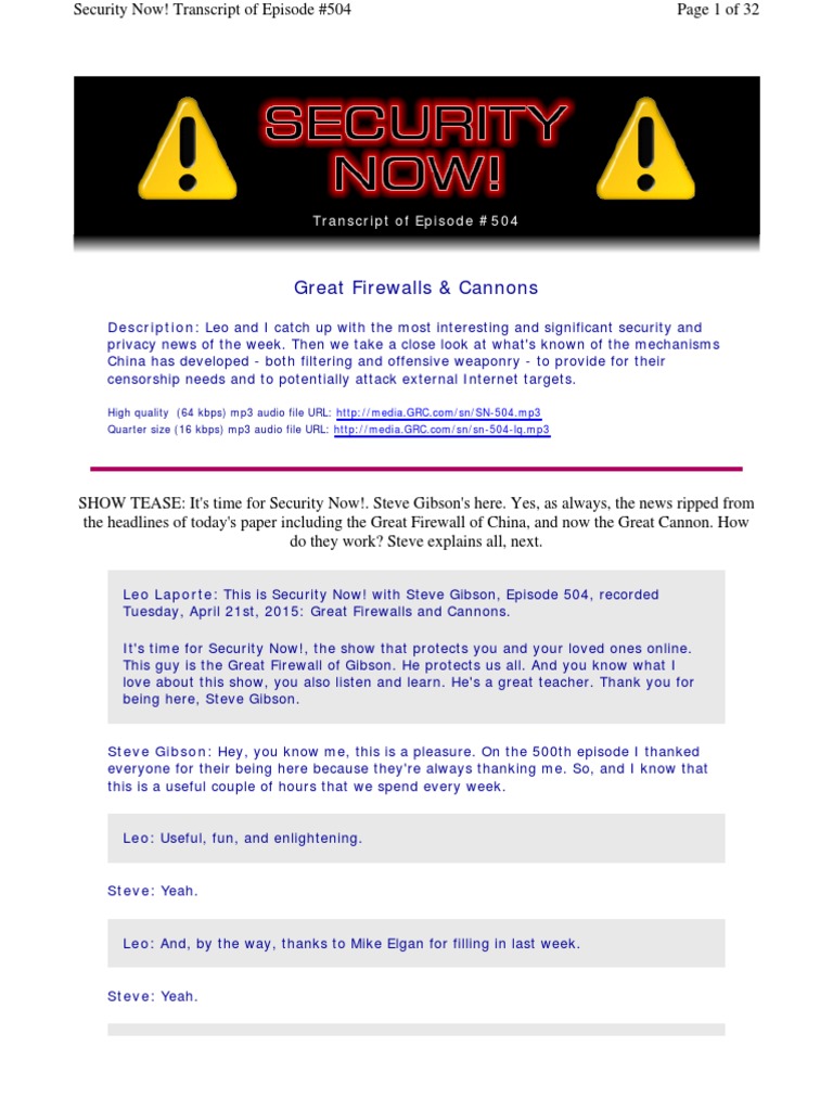 Security Now! Transcript of Episode #504 Great Firewalls and Cannons ...