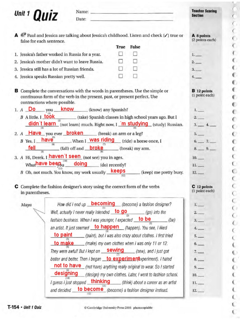 Quiz de inglés unidad 1, 2, y 3 cambridge Touchstone nivel 4 contestado