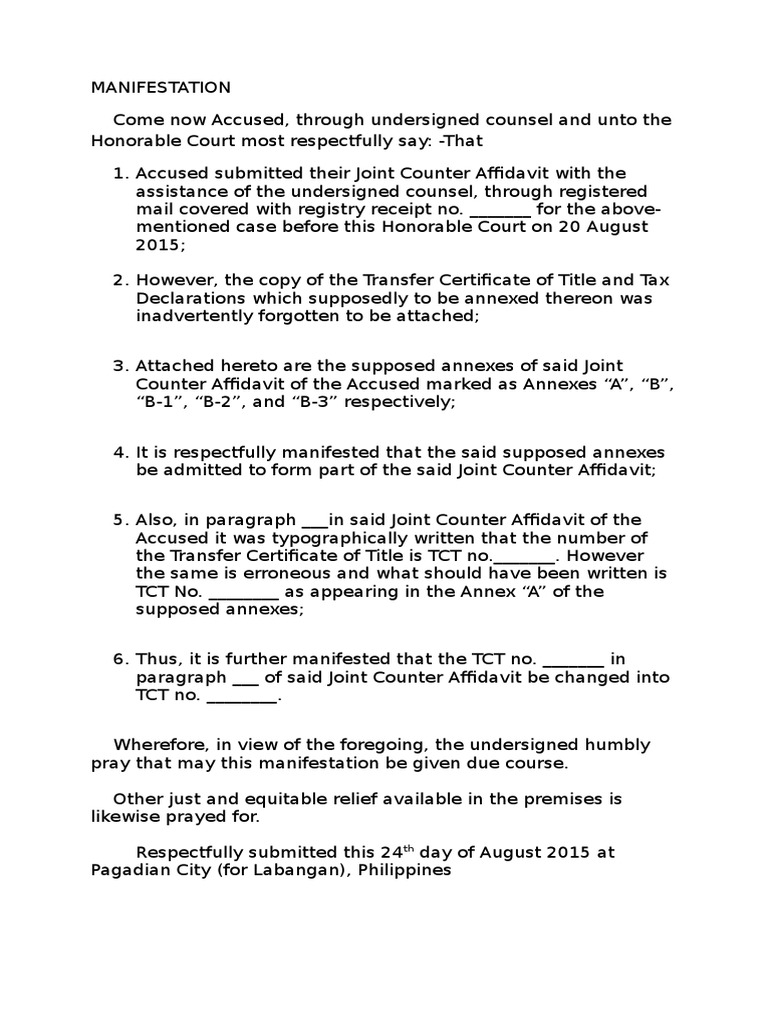 MANIFESTATION Sample  PDF  Legal Procedure  Civil Law (Common Law)