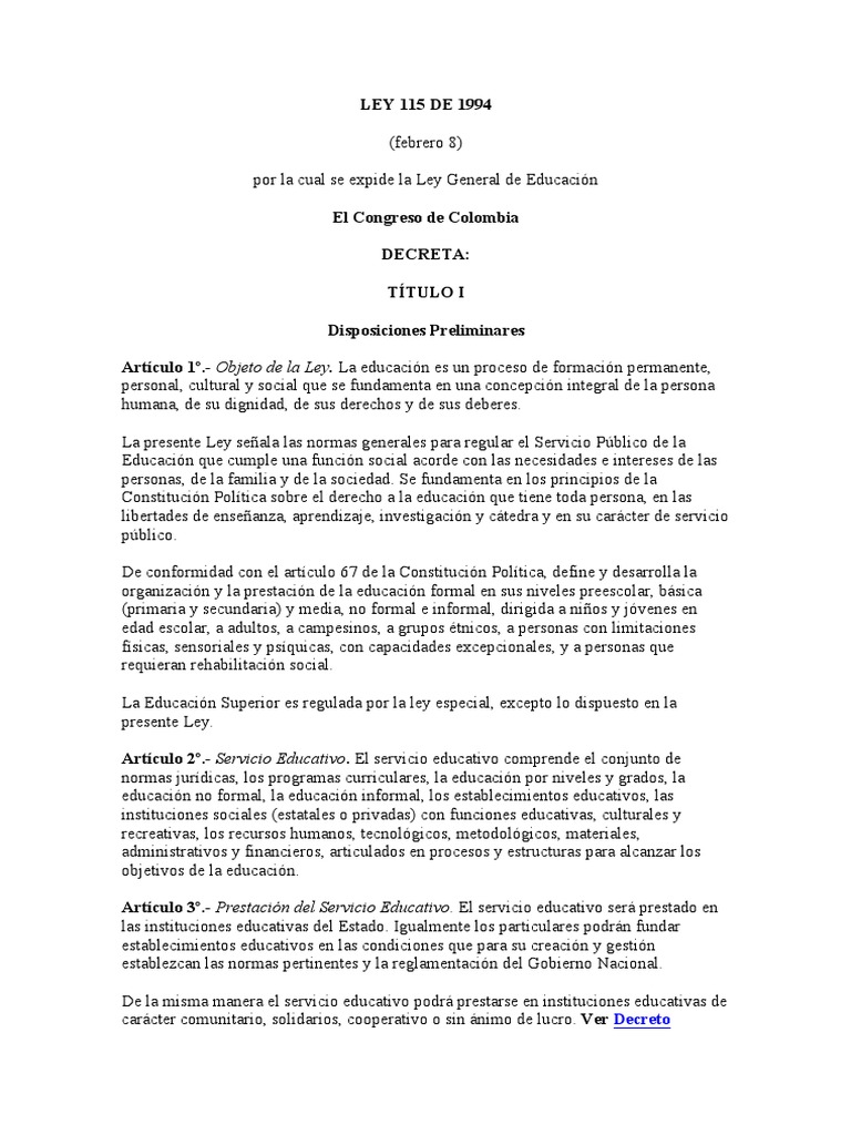 Ley 115 De 1994 Pdf Jardín De Infancia Educación Secundaria