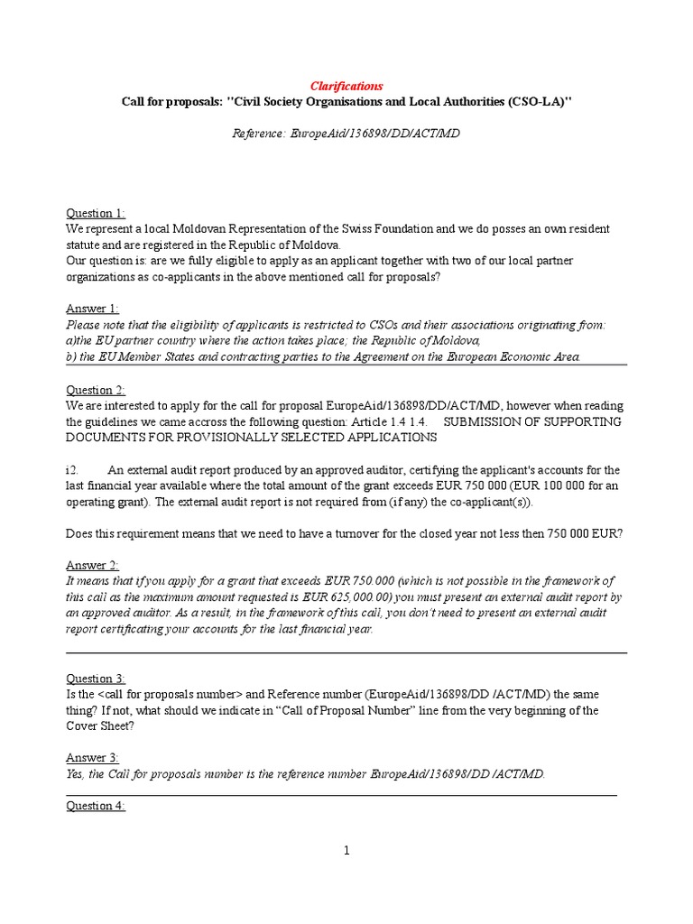 CSO-LA Call for Proposals FAQs | PDF | Auditor's Report | Moldova