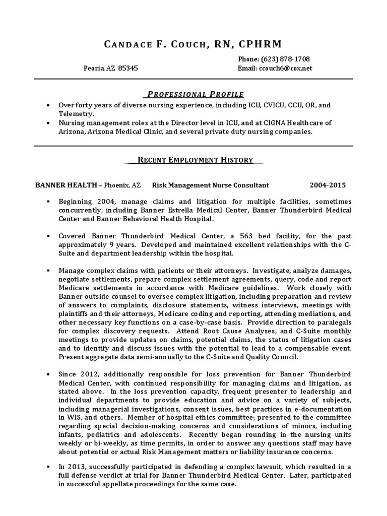 Rn Claims Risk Manager In Phoenix Az Resume Candace Couch