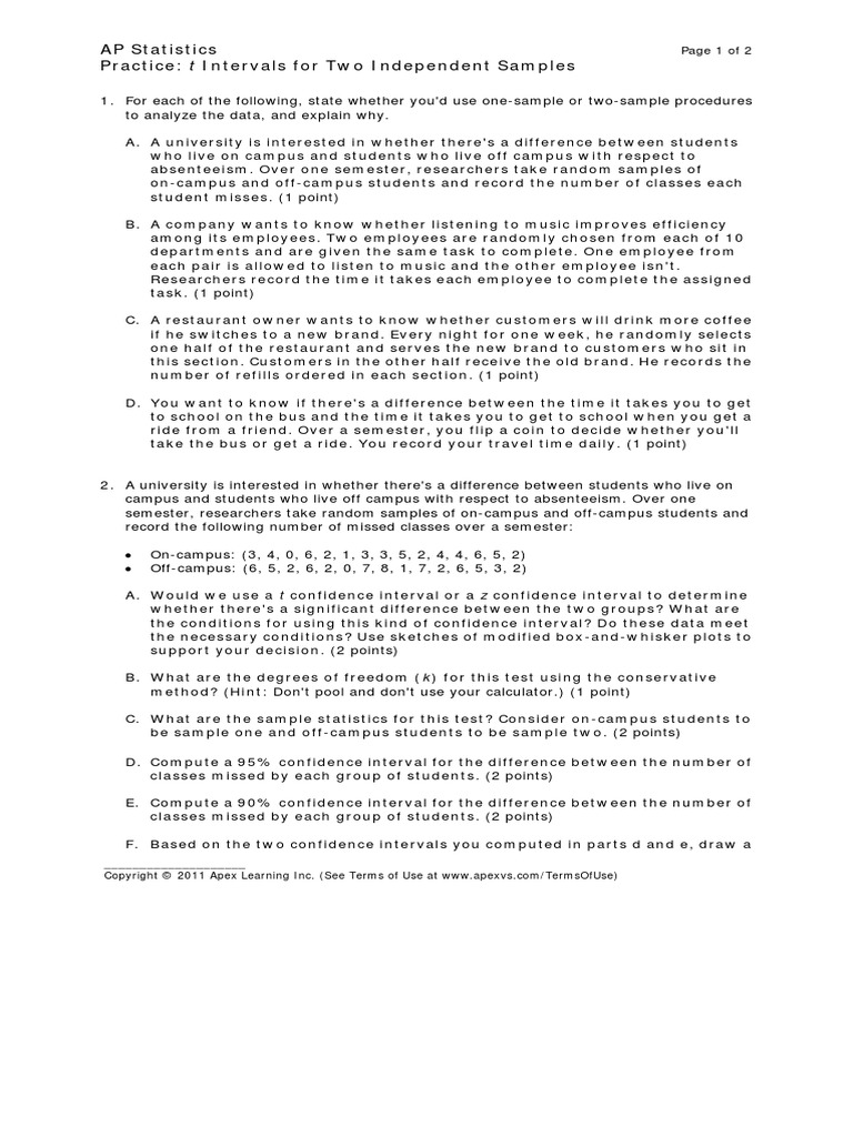 T Intervals For Two Independent Samples | PDF | Confidence Interval ...