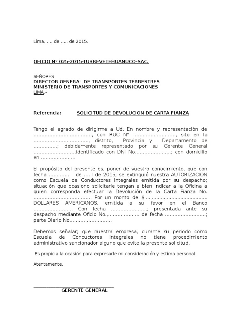 Oficio De Solicitud De Devoiucion De Carta Fianza Pdf