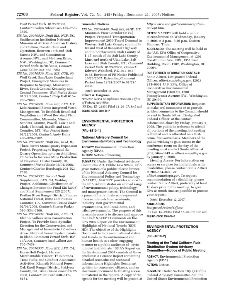 Notice Environmental Statements Availability, Etc. Total Coliform Rule Distribution System