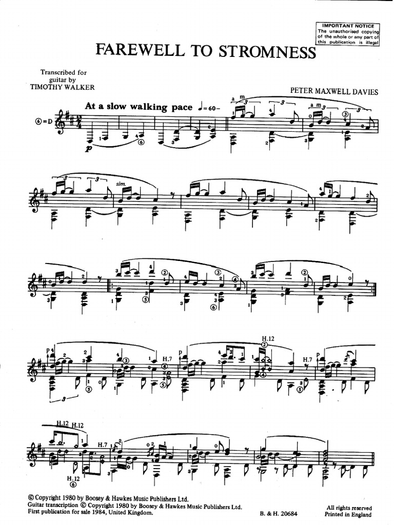Peter Maxwell Davies Farewell To Stromness Guitar Sheet Entertainment General