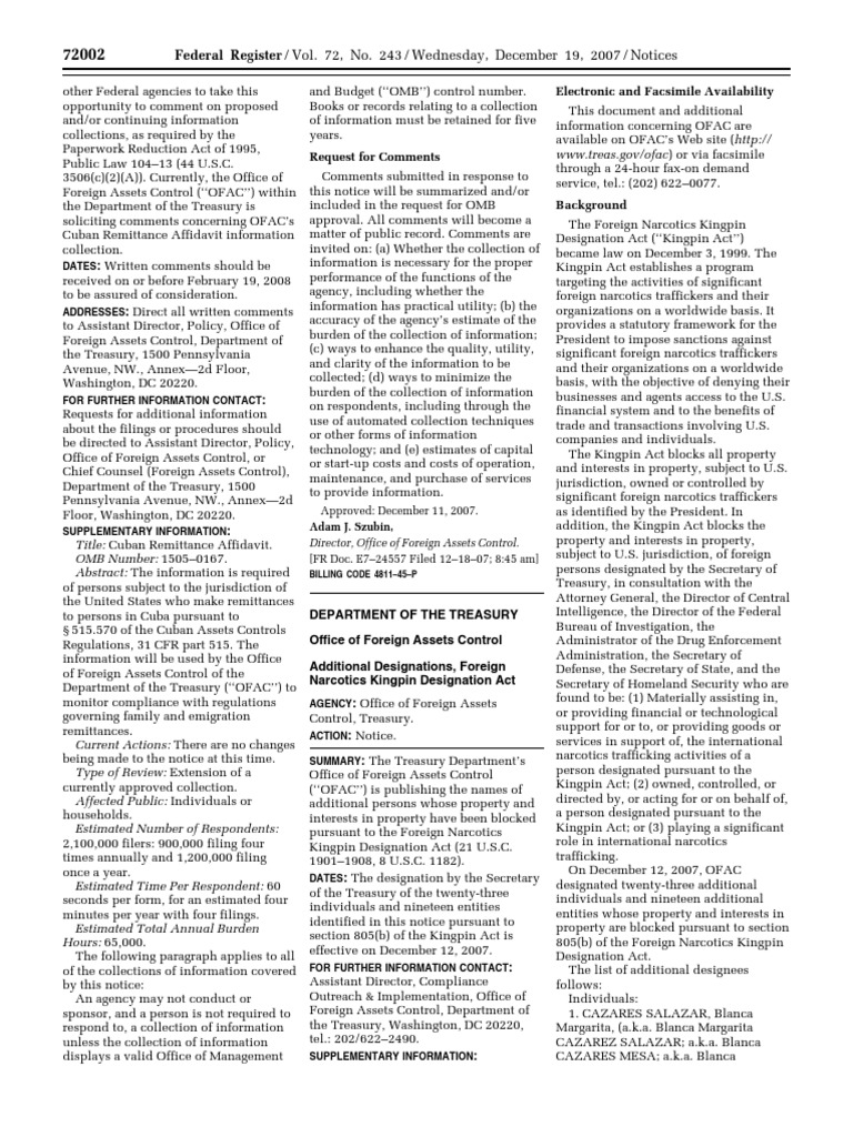 Notice Sanctions; blocked persons, speciallydesignated nationals