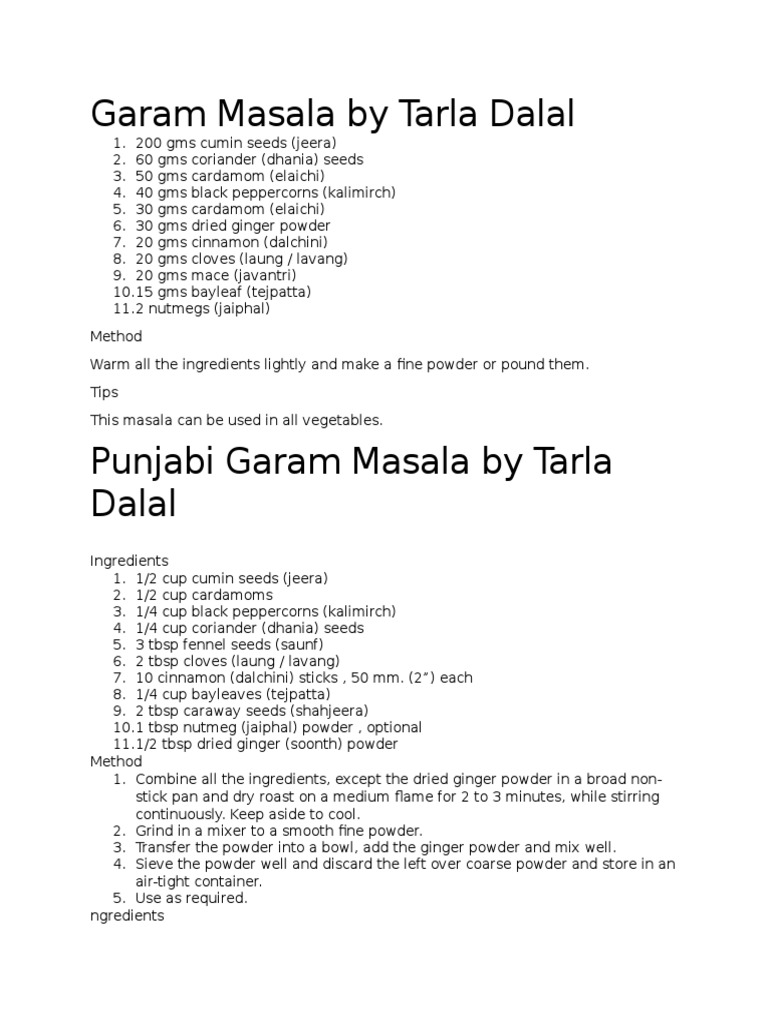 Tarla Dalal's Punjabi Garam Masala Recipe PDF Nutmeg Coriander