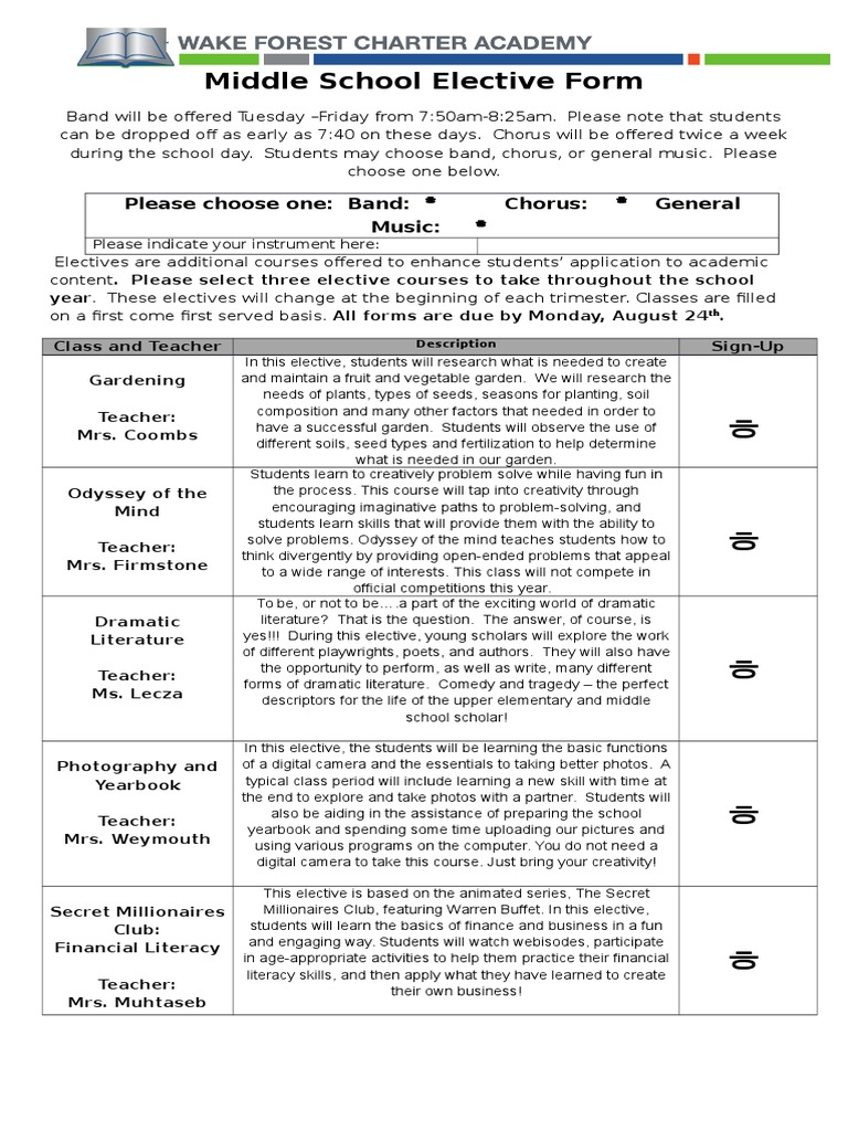 middle school elective form Creativity Learning