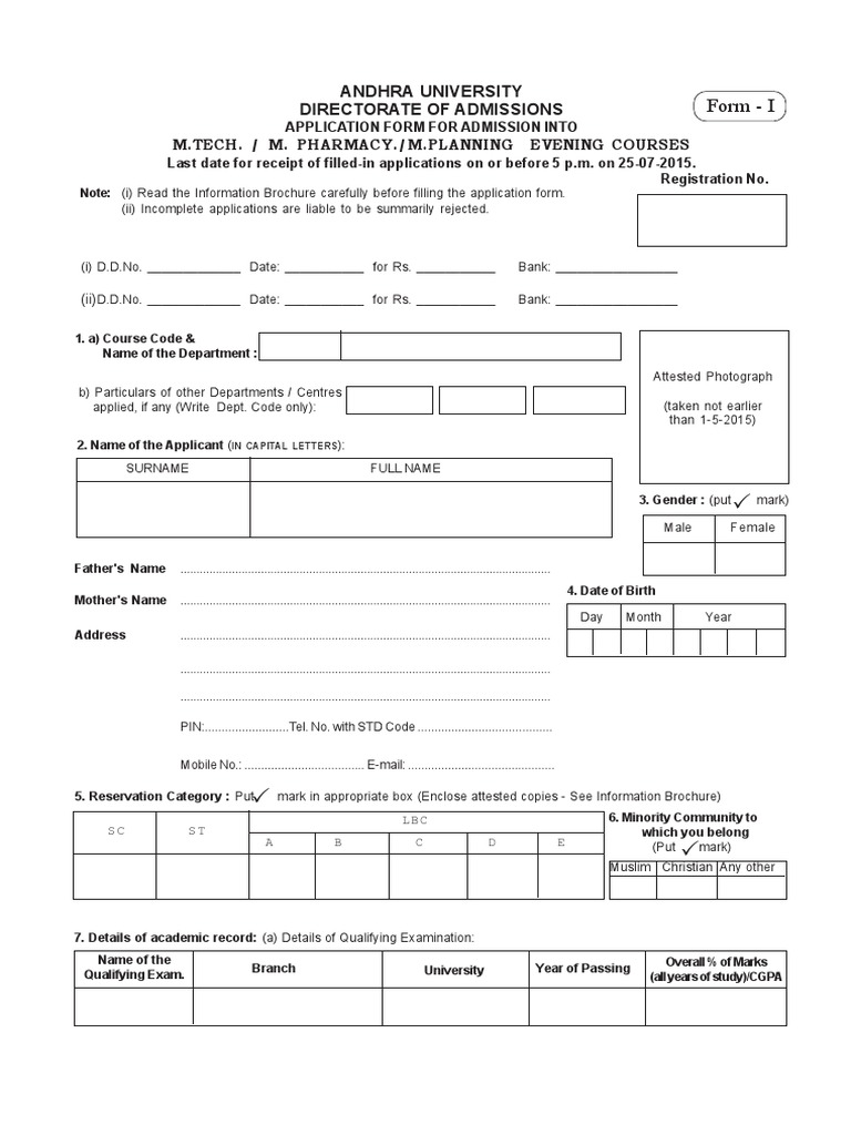 MTech MPharmacy MPlanning Application Form 1 2015 | PDF
