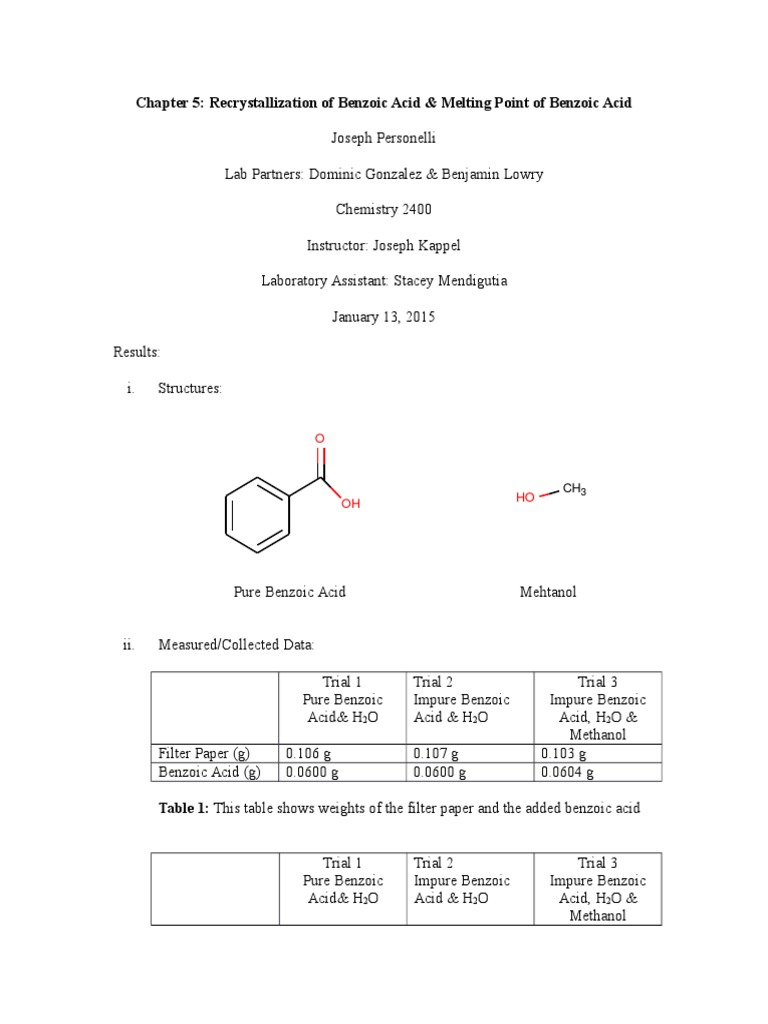 Recrystalization of Benzoic Acid Properties Of Water Acid