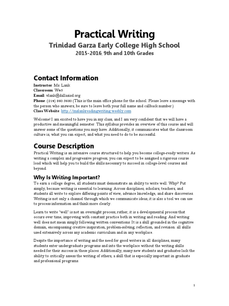 Practical Writing Syllabus  PDF  Syllabus  Classroom