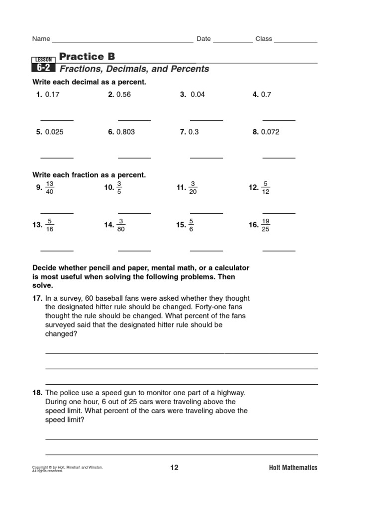 6-2 Fractions, Decimals, And Percents | Decimal | Fraction (Mathematics)