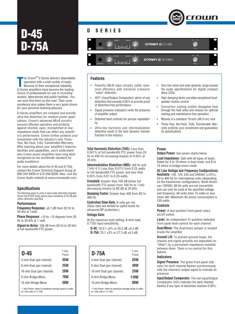 Potencia Crown D75a | PDF