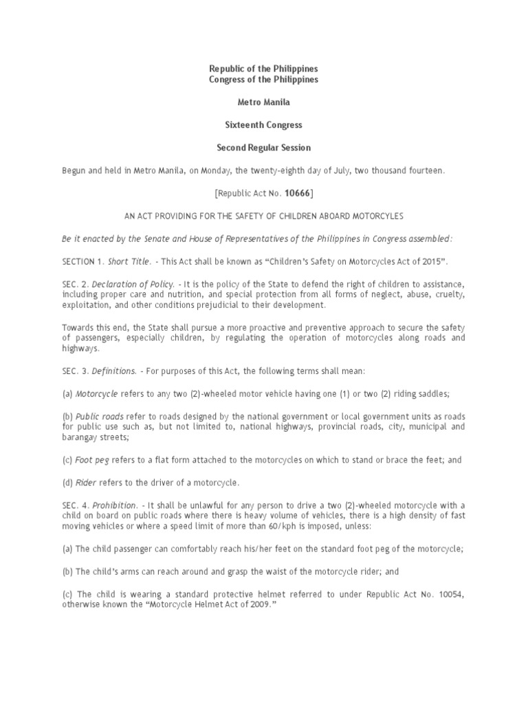 Children’s Safety on Motorcycles Act of 2015 Motorcycle Highway