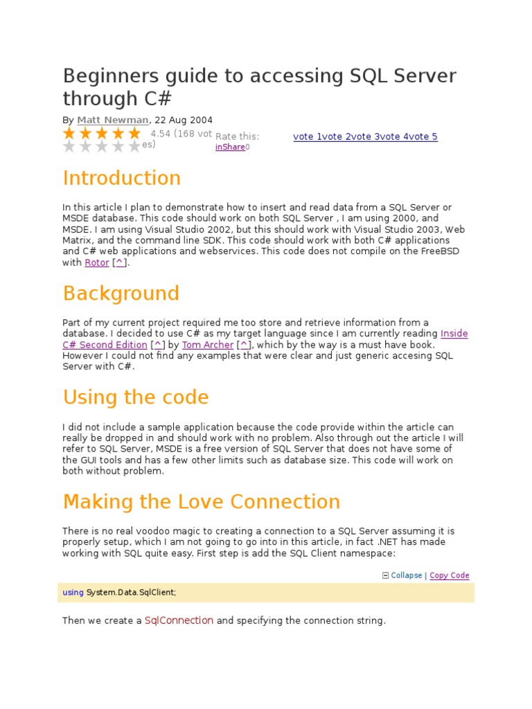Beginners Guide To Accessing SQL Server Through C | PDF | Microsoft Sql ...