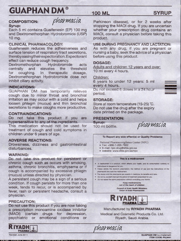 Guaphan DM Syrup Dosage and Warnings | PDF | Cough | Drugs