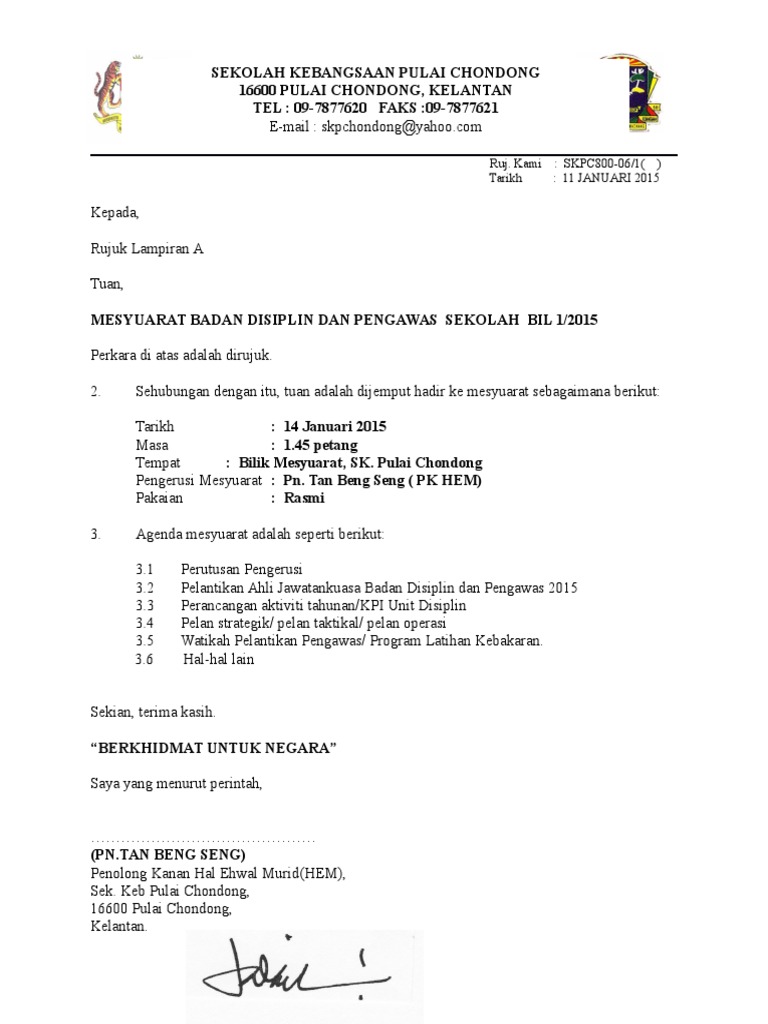 Surat Notis Kepada Ahli Ajk Penetapan Tarikh Jadual Mesyuarat Bulanan