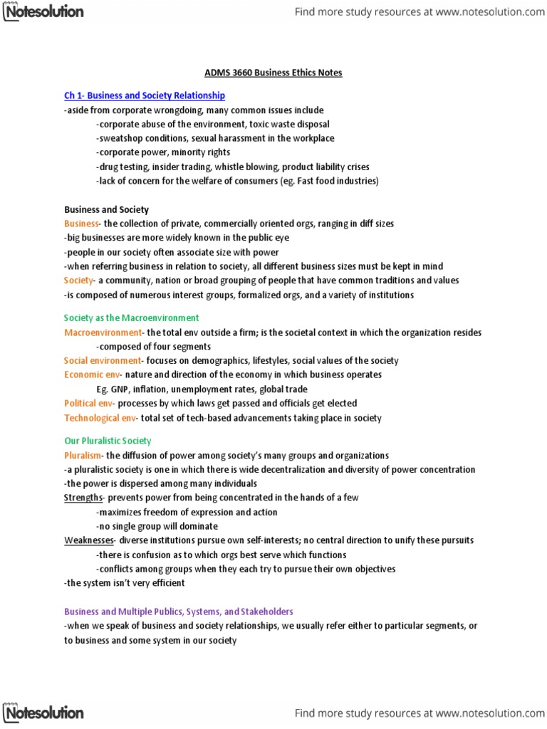 CH 1-Business and Society Relationship: ADMS 3660 Business Ethics Notes ...