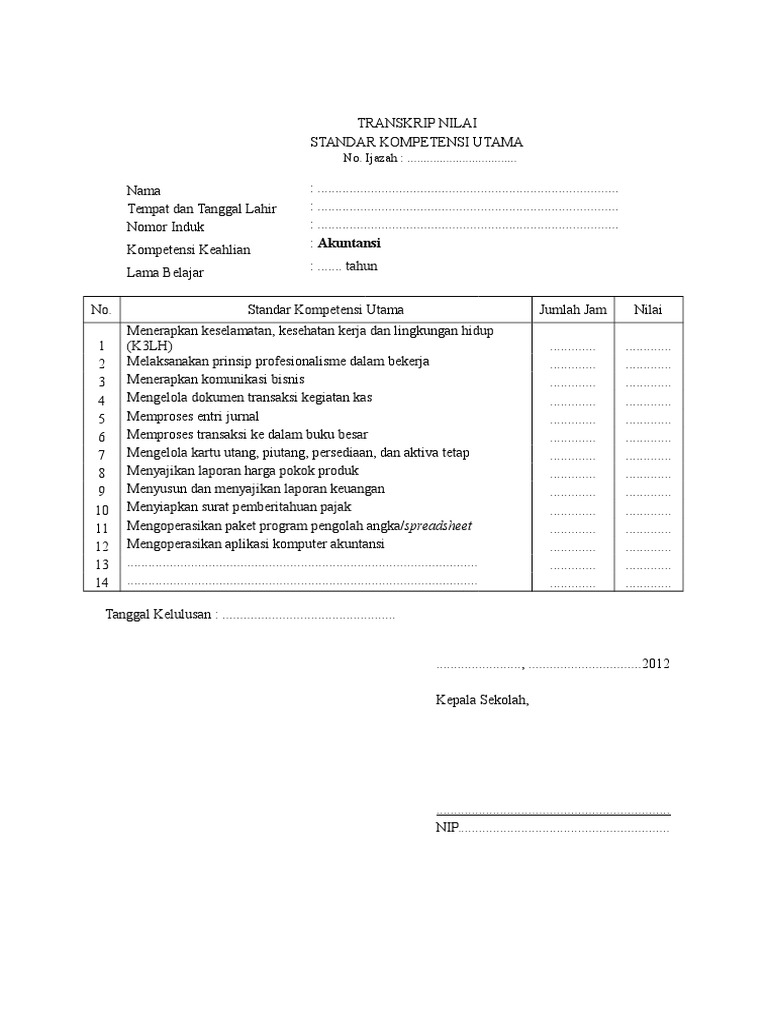 Contoh Transkrip Nilai Smk