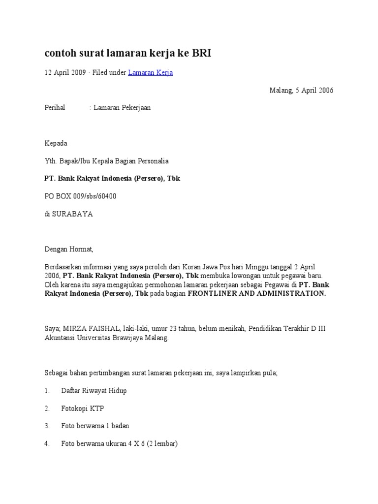 Contoh Surat Lamaran Kerja Bri Pdf