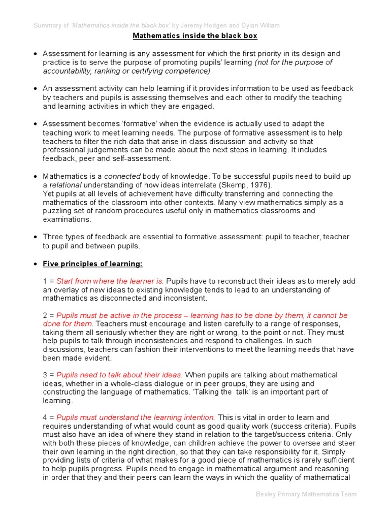 Mathematics Inside The Black Box (Summary) PDF Educational